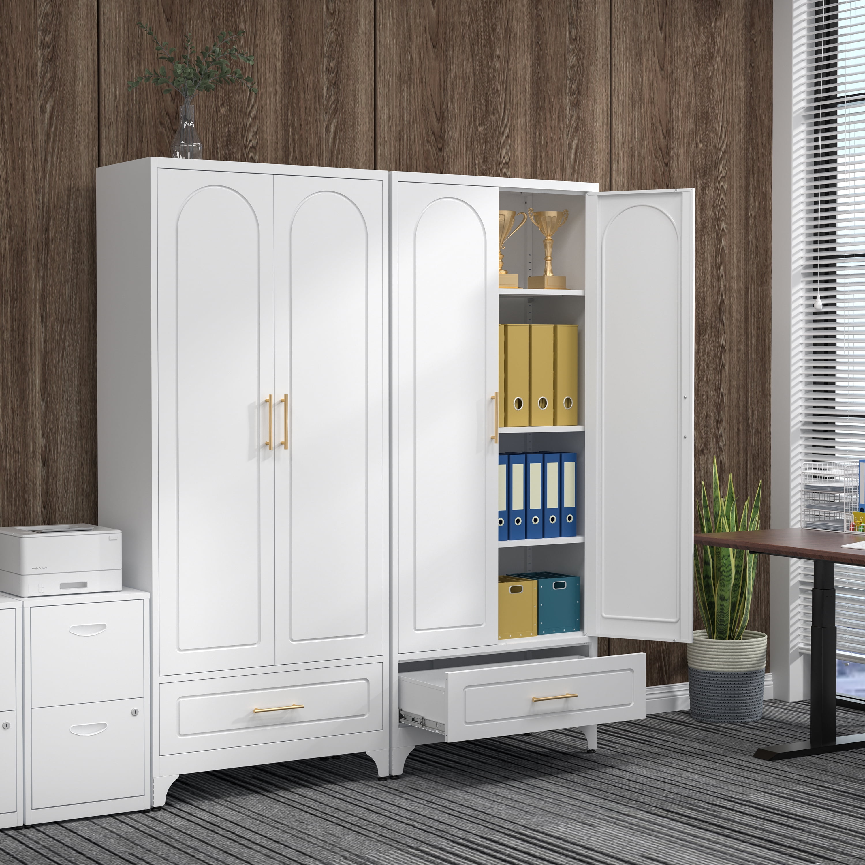 Polup 75" H White Kitchen Pantry Storage Cabinets with Drawers, Doors and Shelves, Steel Large Cupboard