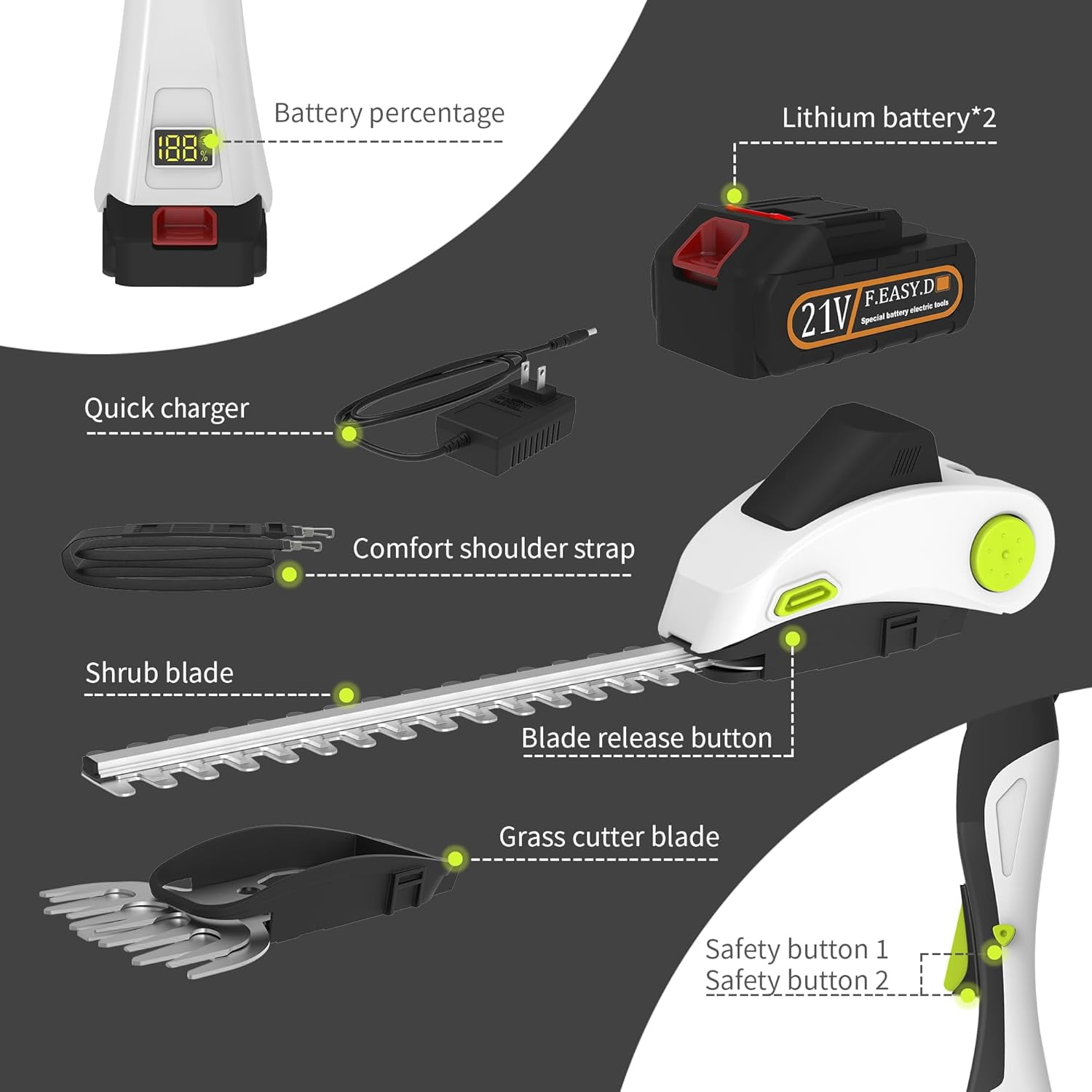 2-in-1 Cordless Hedge Trimmer with Adjustable Pole, 2 Batteries & Charger for Bush Pruning