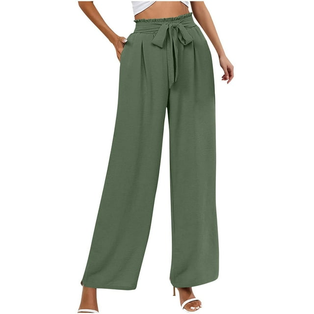 ohmzyzo Women's Fashion Elastic Waist Lace Pocket Solid Color Full Length Pants