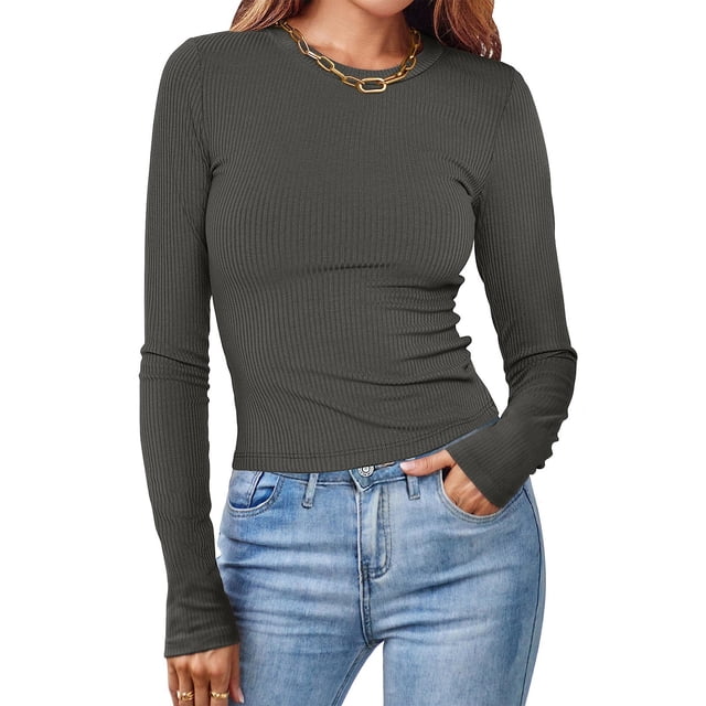 Jsaierl Hauts à Manches Longues pour Femmes 2024 Automne Coupe Slim Crop Tops Blouses Côtelées Tendance Décontractées Confortables Col Rond Pull Basique T-Shirts Unis