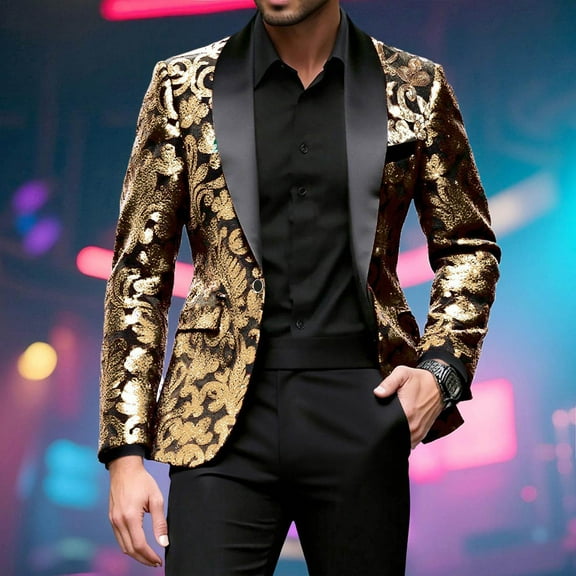 uublik Men's Performance Sequin Blazer One Button Lightweight Sport Coats Suit Jacket Gold