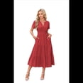 thumbnail image 1 of Vestido Rojo de Larga con Cuello en V, Plisado y Mangas Abullonadas, Talla L, 1 of 4