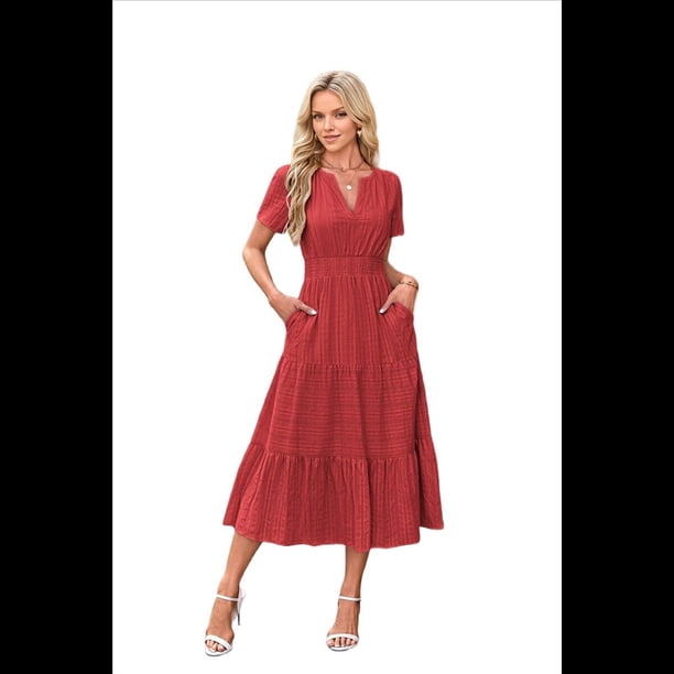 Vestido Rojo de Larga con Cuello en V, Plisado y Mangas Abullonadas, Talla L