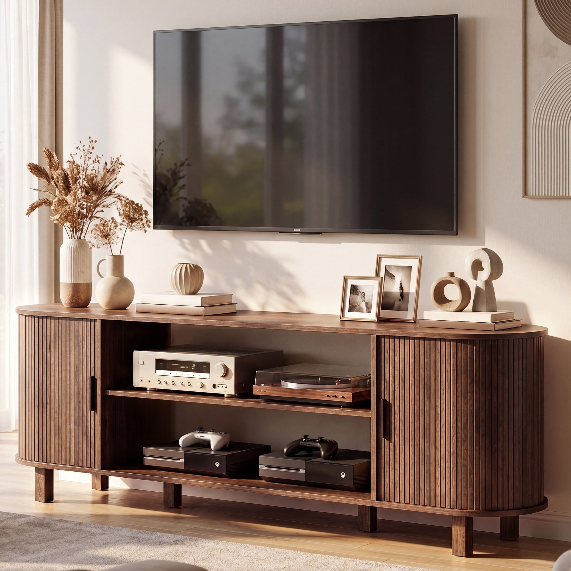 Uforic 70 Inch Mid Century Modern TV Stand with Fluted Rolling Doors and Adjustable Shelves, Fits Up to 75 Inch TV for Living Room, Walnut