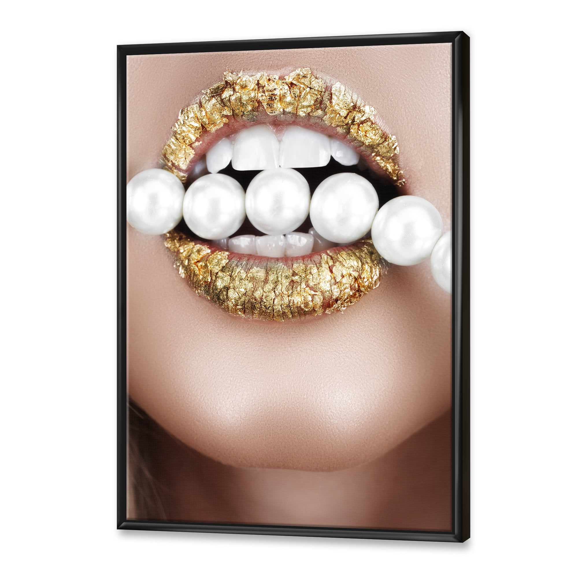 Gold Leaf Lips Mouth With Pearls 16 in x 32 in Framed Photography Canvas Art Print, by Designart