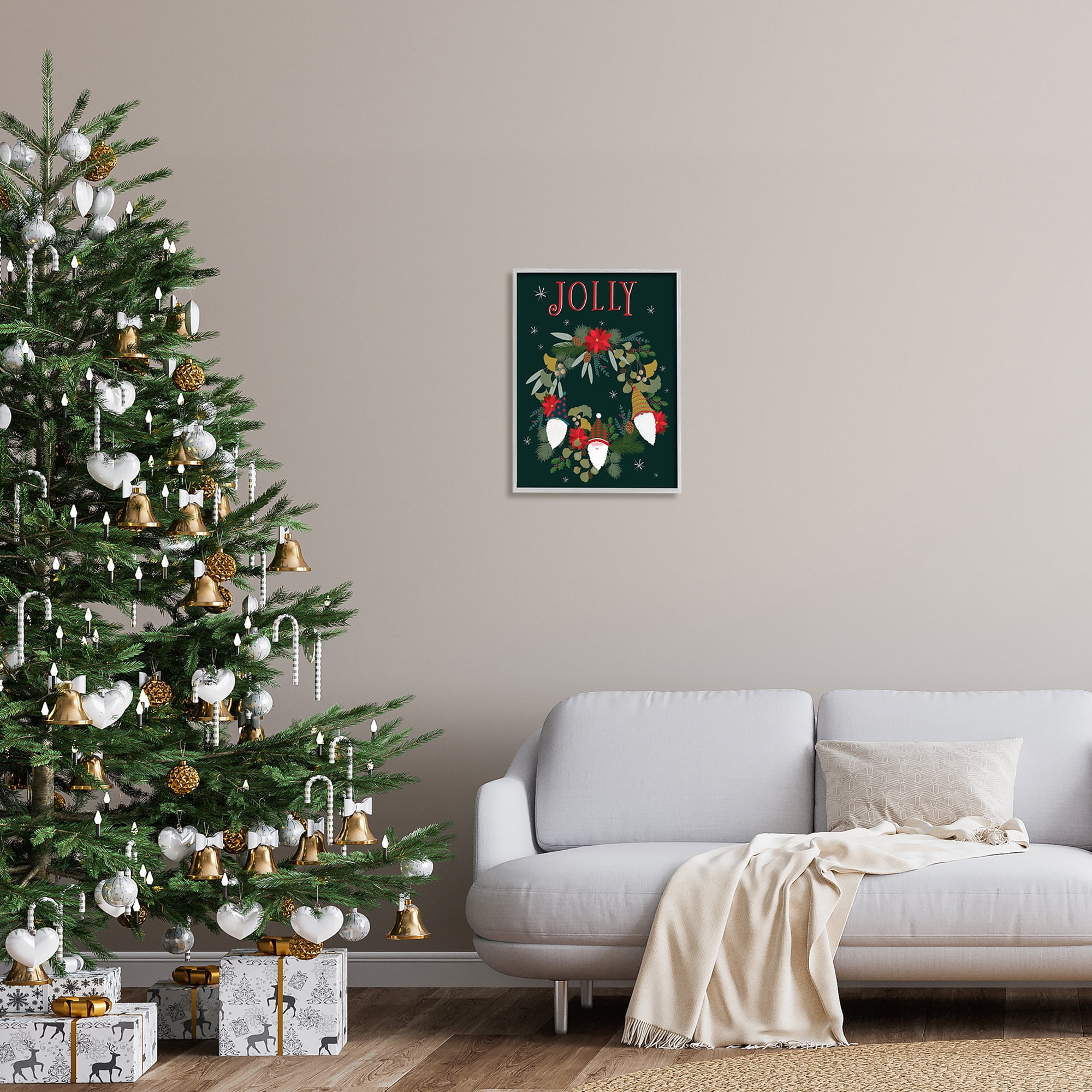 Jolly & Merry Christmas Gnomes Floral Poinsettia Wreath Botanical & Floral Graphic Art Framed Art Print Wall Art