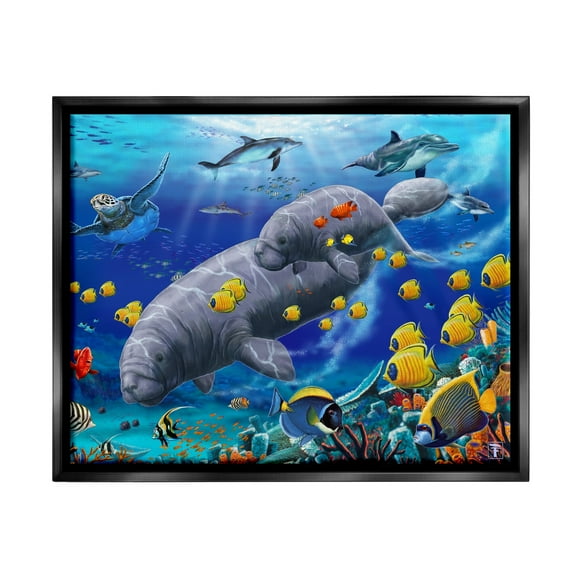 Stupell Industries Manatees & Fish Swimming Coastal Painting Black Floater Framed Art Print Wall Art