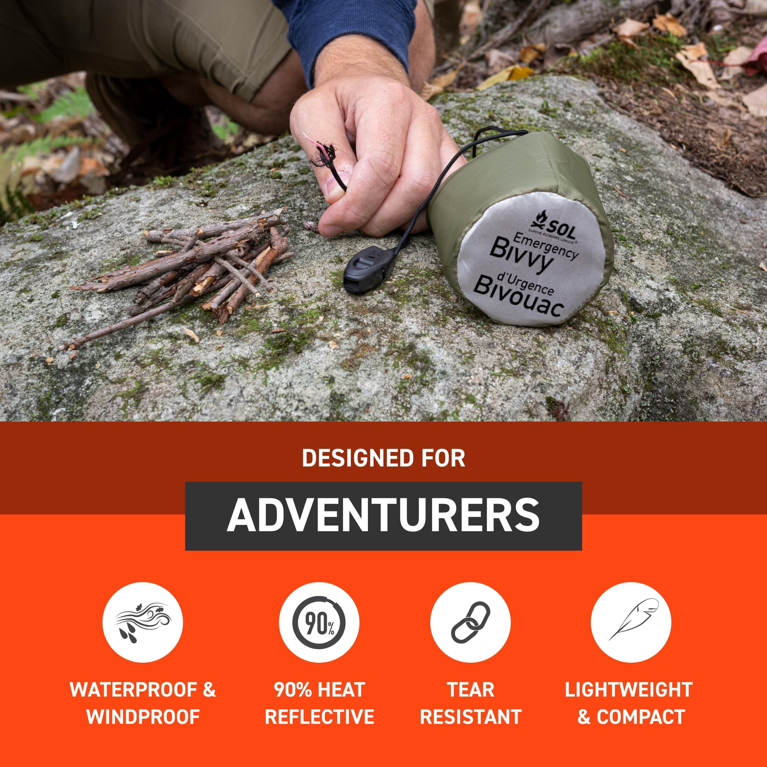 Survive Outdoors Longer 90% Emergency Bivvy - Comes With Whistle & Tinder Paracord Drawstring Add To Kit Hiking Gear Waterproof  Windproof Tear-resistant