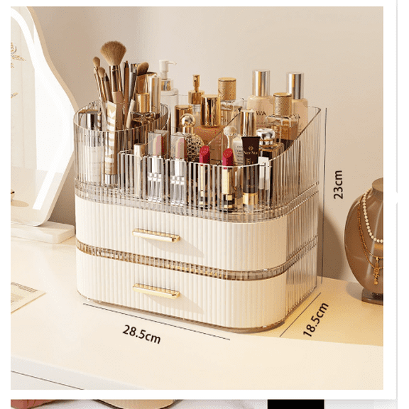 3 Tiers Makeup Organizer with Drawers, Makeup Holder 360° Rotating Brush Holder, Large Capacity Cosmetic Storage with Clear Top Slots, Vanity Organizer for Skincare Perfume Lipstick Jewelry