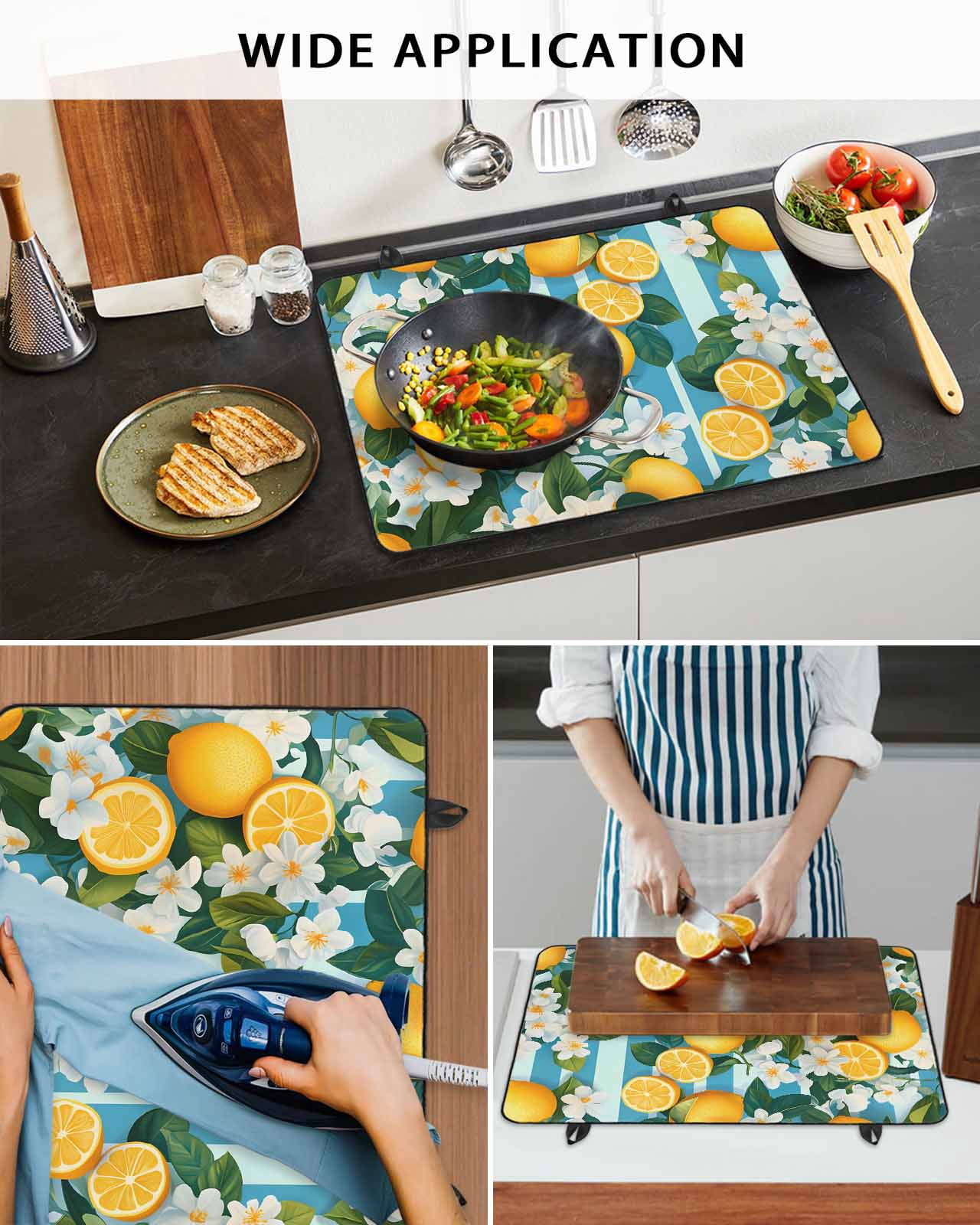 nqOlkjepod Large Induction Cooktop Protector Mat 24"x21", Yellow Lemon Stove Top Covers for Electric Stove, Summer Fruit Floral Blue Stripe Watercolor Stove Burner Cover Mats, Glass Top Stove Cover
