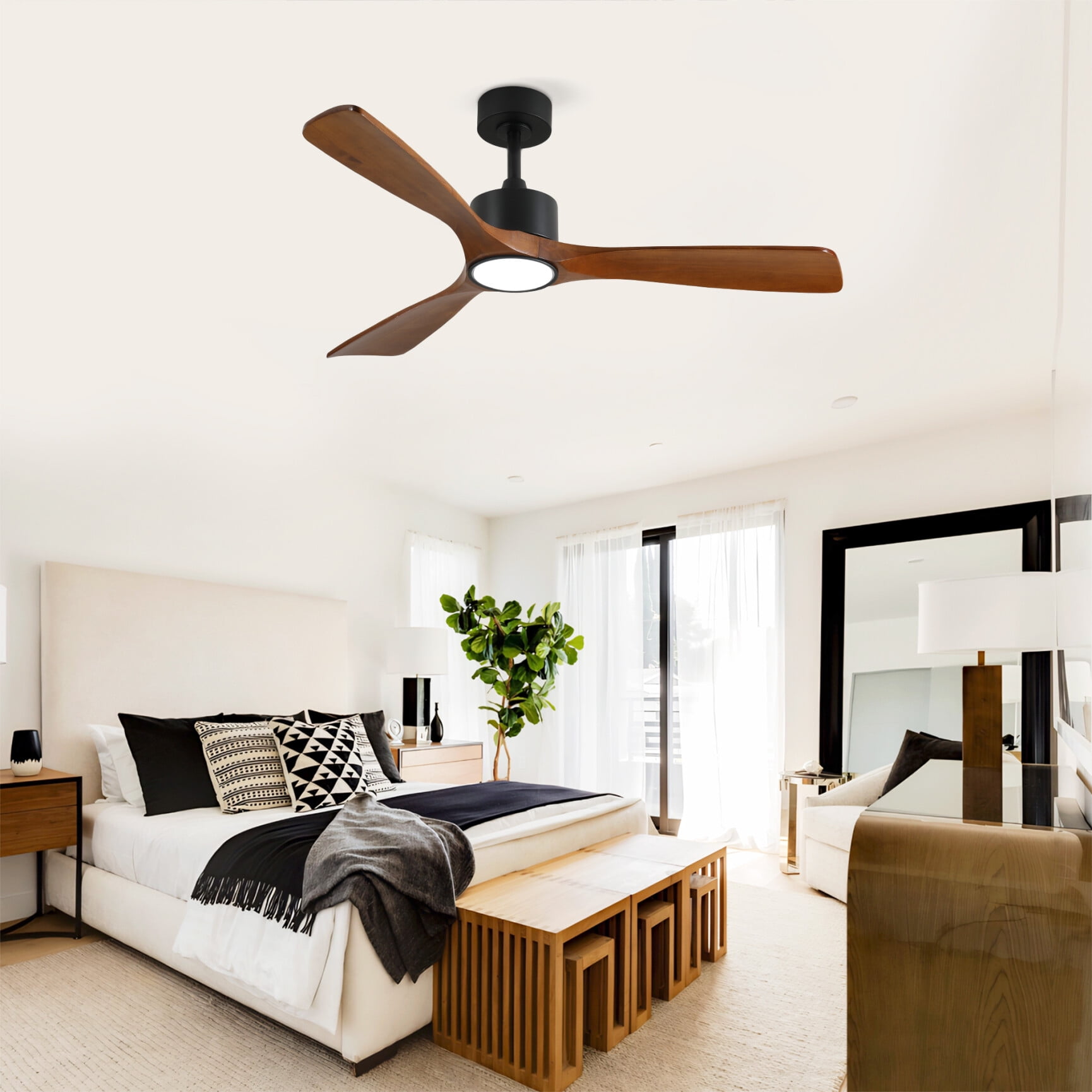 52 Inch Solid Wood Ceiling Fan With Dimmable LED Light Kit And Remote Control 6 Speed DC Motor For Living Room Bedroom Patio Indoor Use Matte Black