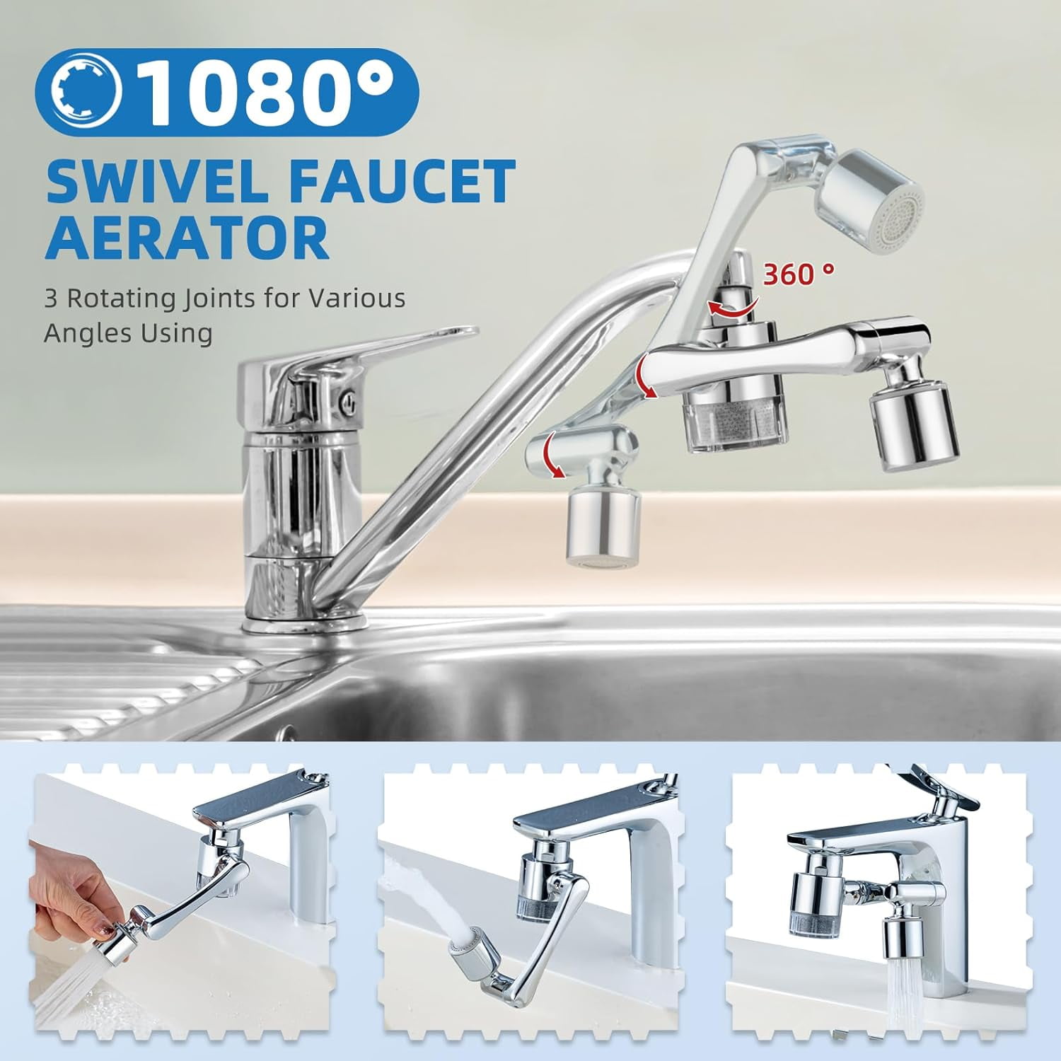 1080° Swivel Faucet-Extender Sink-Aerator - 2 Mode Splash Water Filter Extension, Kitchen Bathroom 360° Rotatable Spray Attachment, Multifunctional Universal Robotic Arm -Wash Hand/Hair/Face