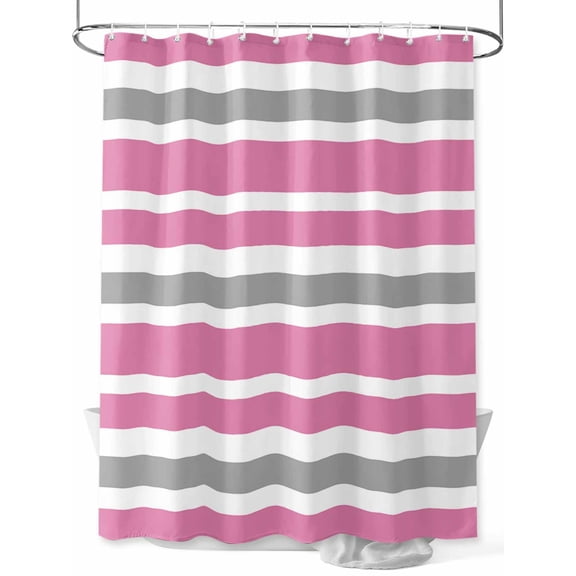 Pink Gray Shower Curtain, White Stripe Waterproof Shower Curtain Set with 12 Hooks Lightweight Washable Fabric Shower Curtains for Bathroom 72x72 Inches