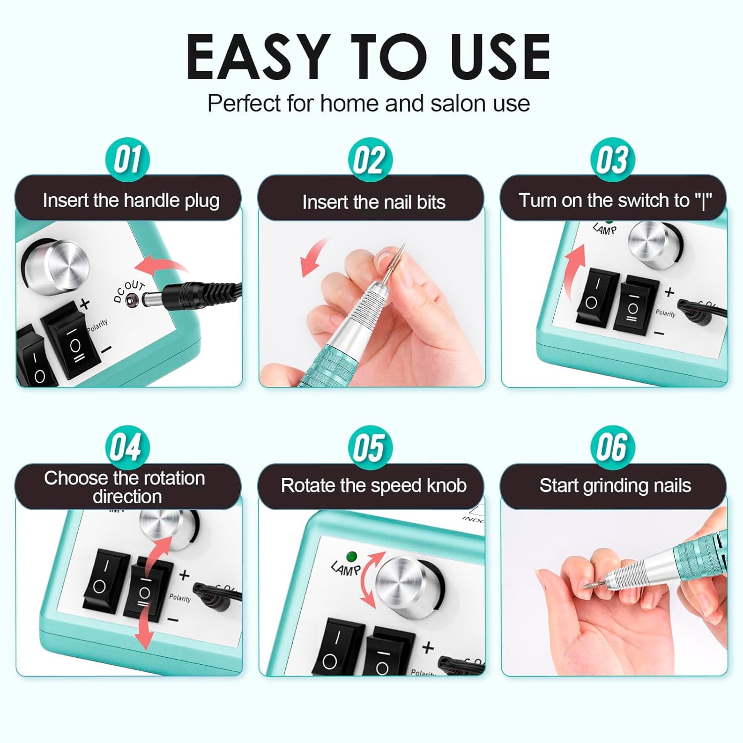 Professional Electric Nail Drill Kit, 30000 RPM Manicure Pedicure Machine with 6 Bits & 100 Sanding Bands,Green