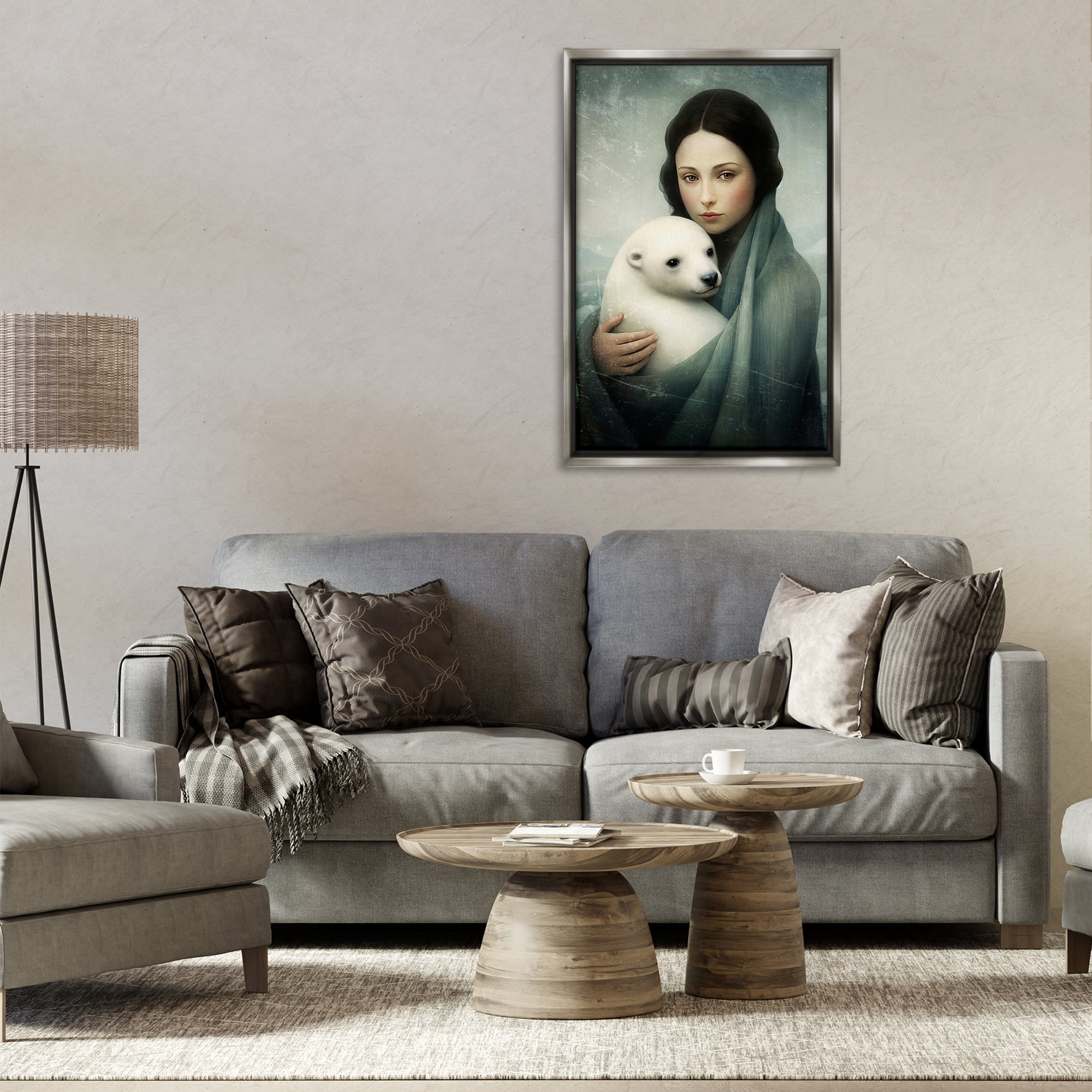 Stupell Industries Girl & Baby Polar Bear People Painting Gray Floater Framed Canvas Art Print Wall Art, 21 x 31