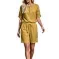 thumbnail image 5 of Women's Half Placket V Neck 3/4 Sleeve Top Drawstring Pocket Bermuda Shorts 2 Piece Outfit, Solid Summer Beach Casual Matching Set Yellow XXXXXL(XXXXXL), 5 of 7