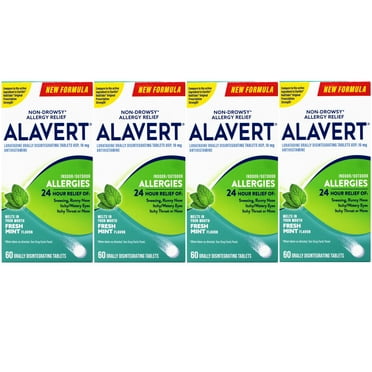 Alavert Allergy 24 Hour Relief, Fresh Mint Flavor, Orally Disintegrating Allergy Tablets, Non-drowsy Antihistamine, Loratadine 10mg, 60 Count - 4 Pack