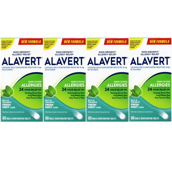 Alavert Allergy 24 Hour Relief, Fresh Mint Flavor, Orally Disintegrating Allergy Tablets, Non-drowsy Antihistamine, Loratadine 10mg, 60 Count - 4 Pack