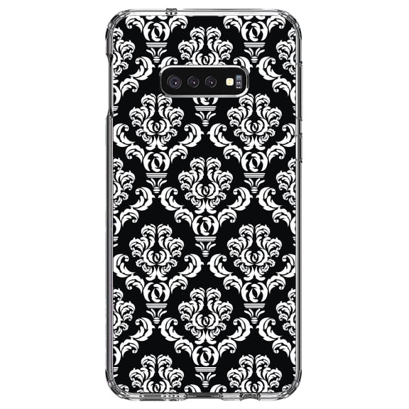 DistinctInk Clear Shockproof Hybrid Case for Samsung Galaxy S10e (5.8" Screen) - TPU Bumper, Acrylic Back, Tempered Glass Screen Protector - Black White Damask Pattern - Floral Damask Pattern