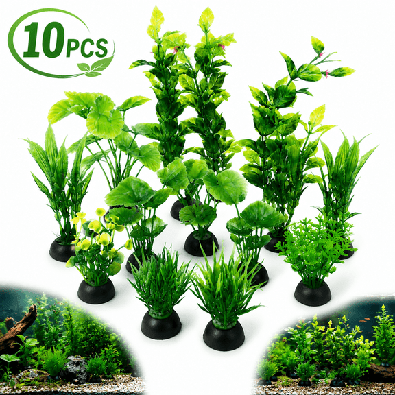 Ustris Fish Tank Accessories Green Plants, 10pcs Green Fish Tank Decorations, Aquarium Decor Plastic Plants