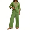 thumbnail image 3 of Floleo Women Boho Two Piece Outfit V Neck 3/4 Sleeve Floral Print Top Wide Leg Pants Vacation Matching Set, 3 of 7