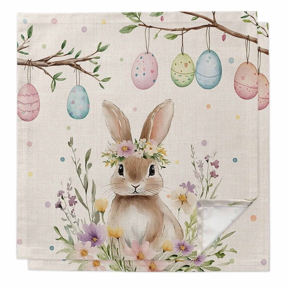Bunny Easter Cloth Napkins Washable Set of 2, Colorful Eggs Spring Floral Rustic Reusable Dinner Table Napkins Cloth Bulk for Weddings Kitchen Restaurants Hotel Events Parties 20 x 20 Inch