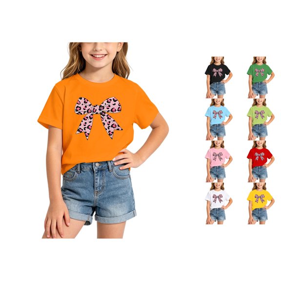 ZHOGXU Toddler Kids Girls T Shirt Short Sleeve Round Neck Bow Print Comfortable Breathable Fashion Tee Top For Everyday Wear,Orange,12-14 Years