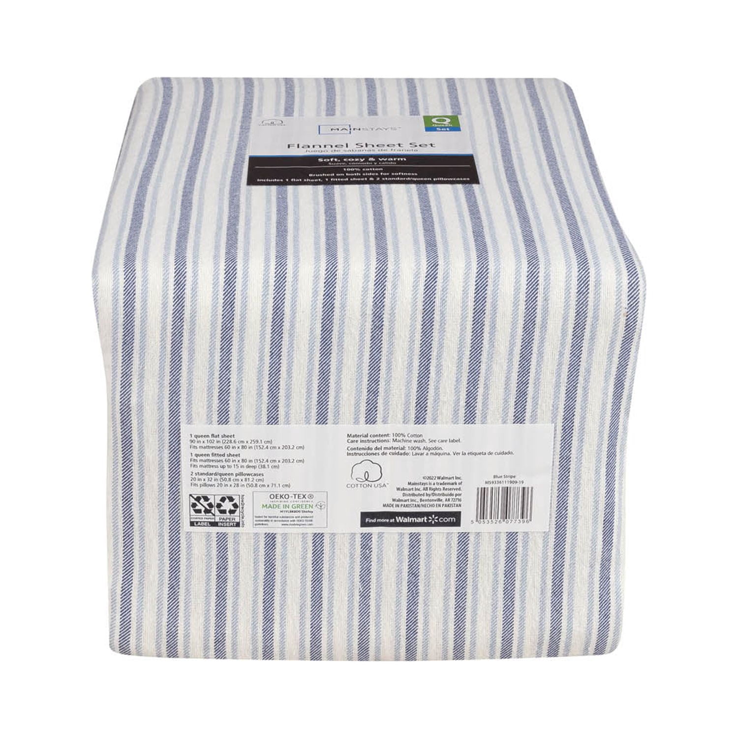 Mainstays 4-Piece Flannel Sheet Set, Blue Stripe, Queen