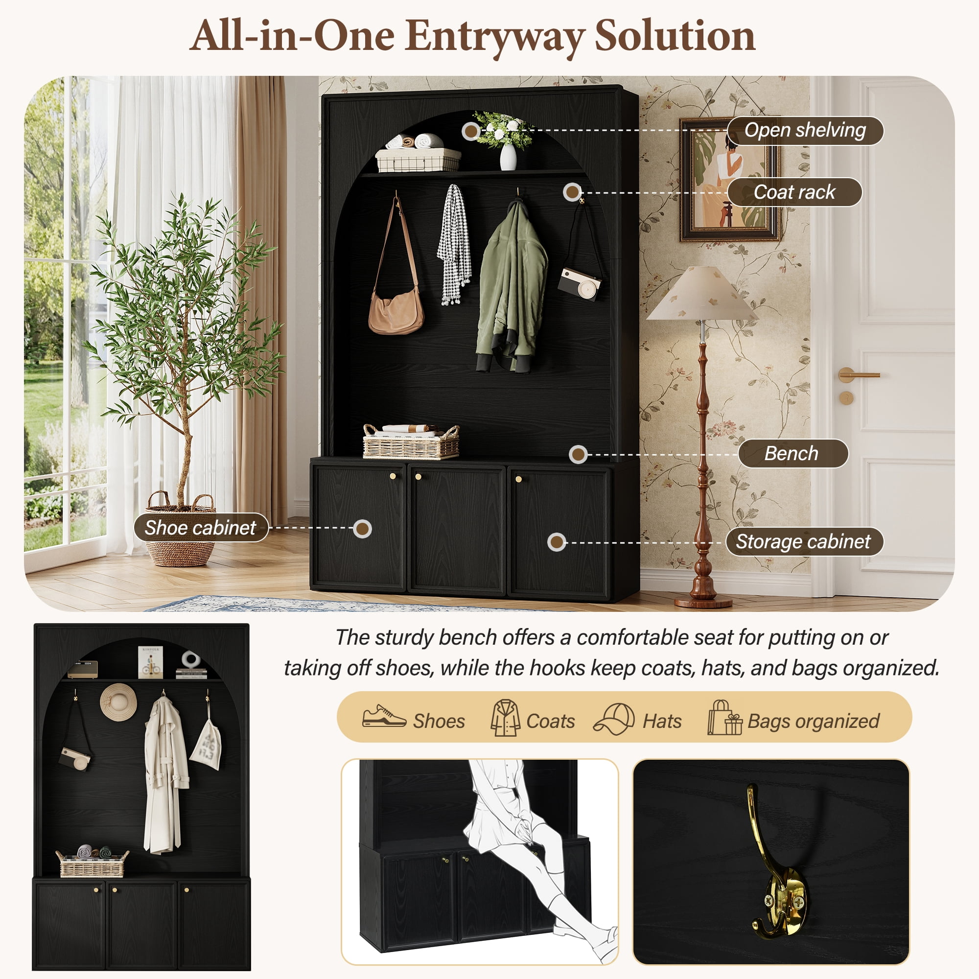 T-Foyer Farmhouse Black Hall Tree with 4 Hooks & 3 Cabinets, Wooden Rustic Entryway Organizer with Open Storage