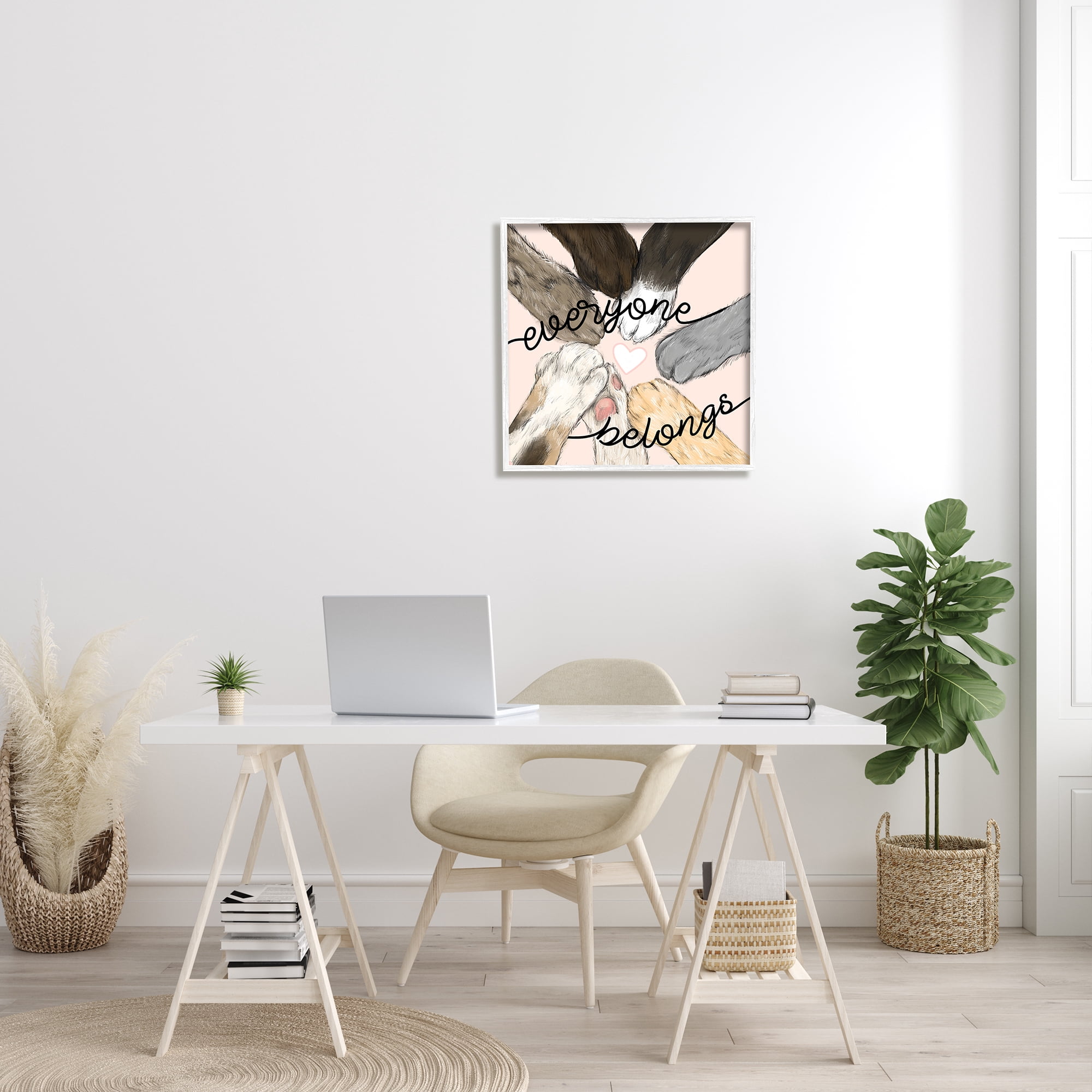 Stupell Industries Everyone Belongs Inclusivity Phrase Pet Cat Paws Inspirational Painting White Framed Art Print Wall Art, 24 x 24