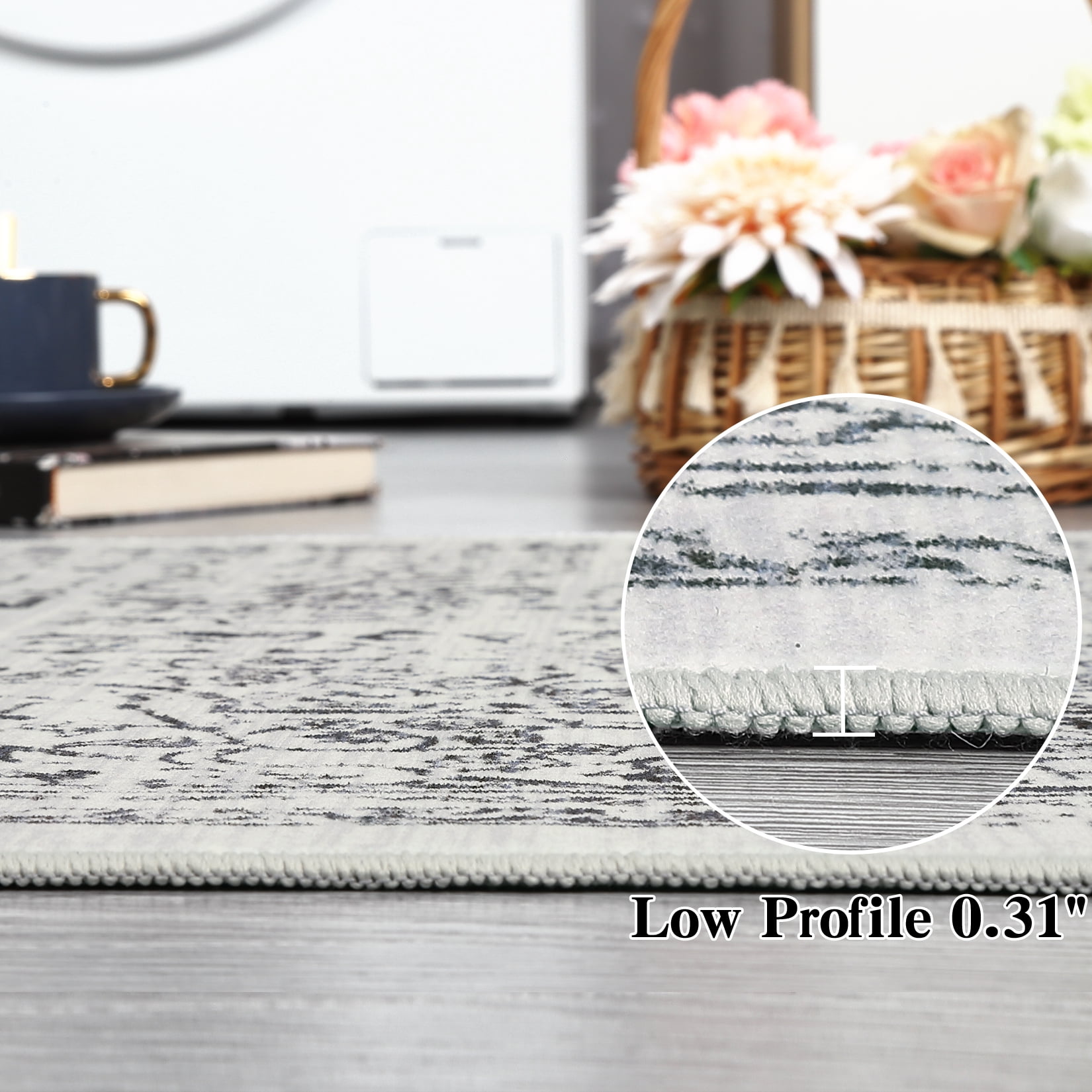 Hasoo 2' x 6' Runner Rug for Hallway Boho Vintage Rug Non Slip Floral Indoor Carpet, Gray