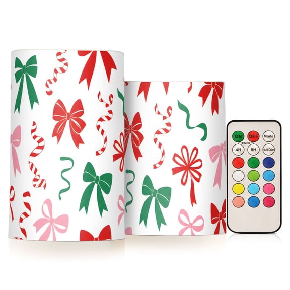 Christmas Bows Flameless Candles Flickering with Remote and Timer Battery Operated LED Pillar Candle Set of 2