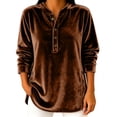 thumbnail image 2 of Hurxie Women's Fleece Shirt Solid Color Crew Neck Sweater, Loose Button Pullover Long-Sleeved Sweater Shirt Brown,XL, 2 of 5