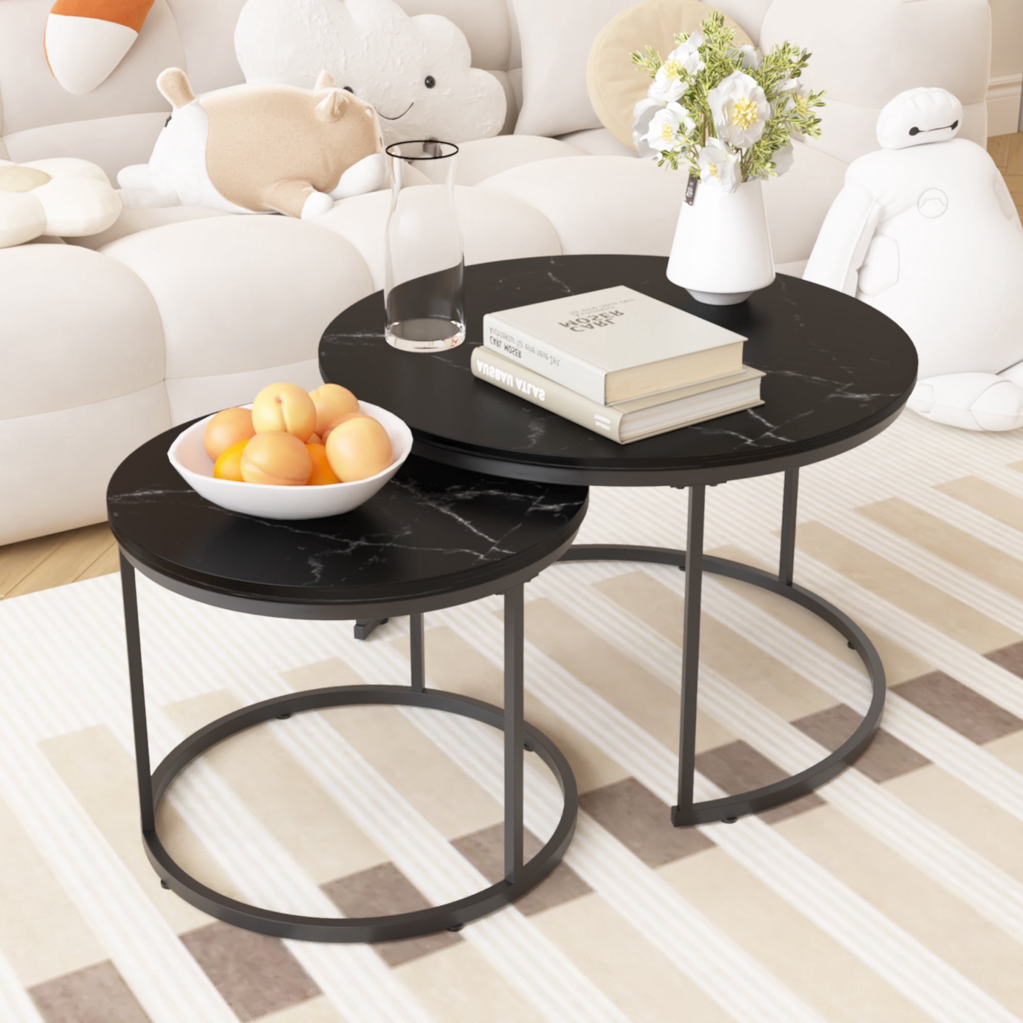 PORKISS Round Coffee Table Set of 2, 27.56" Nesting Center Tables for Living Room, 2-Piece Side Tables with Metal Frame for Living Room Home Office, Black