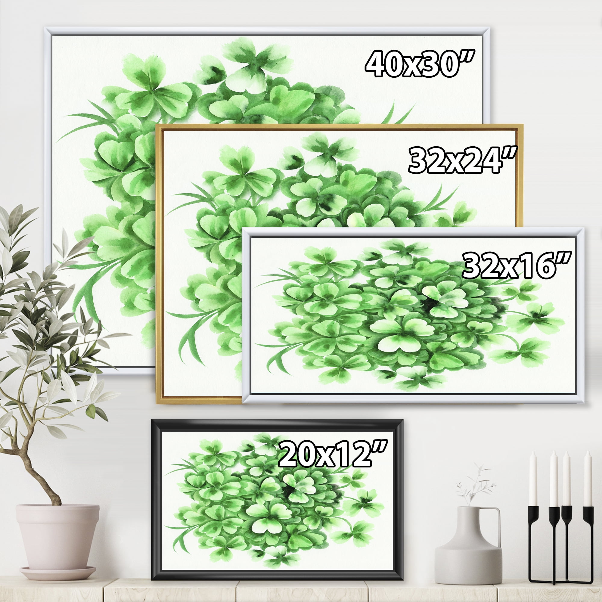 Designart 'Green Vintage Leaves of Shamrock' Traditional Framed Canvas Wall Art Print