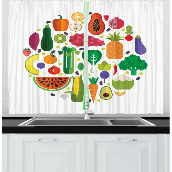 Ambesonne Vegetable Art Kitchen Curtains, Yummy Food Circle, 55"x39", Multicolor