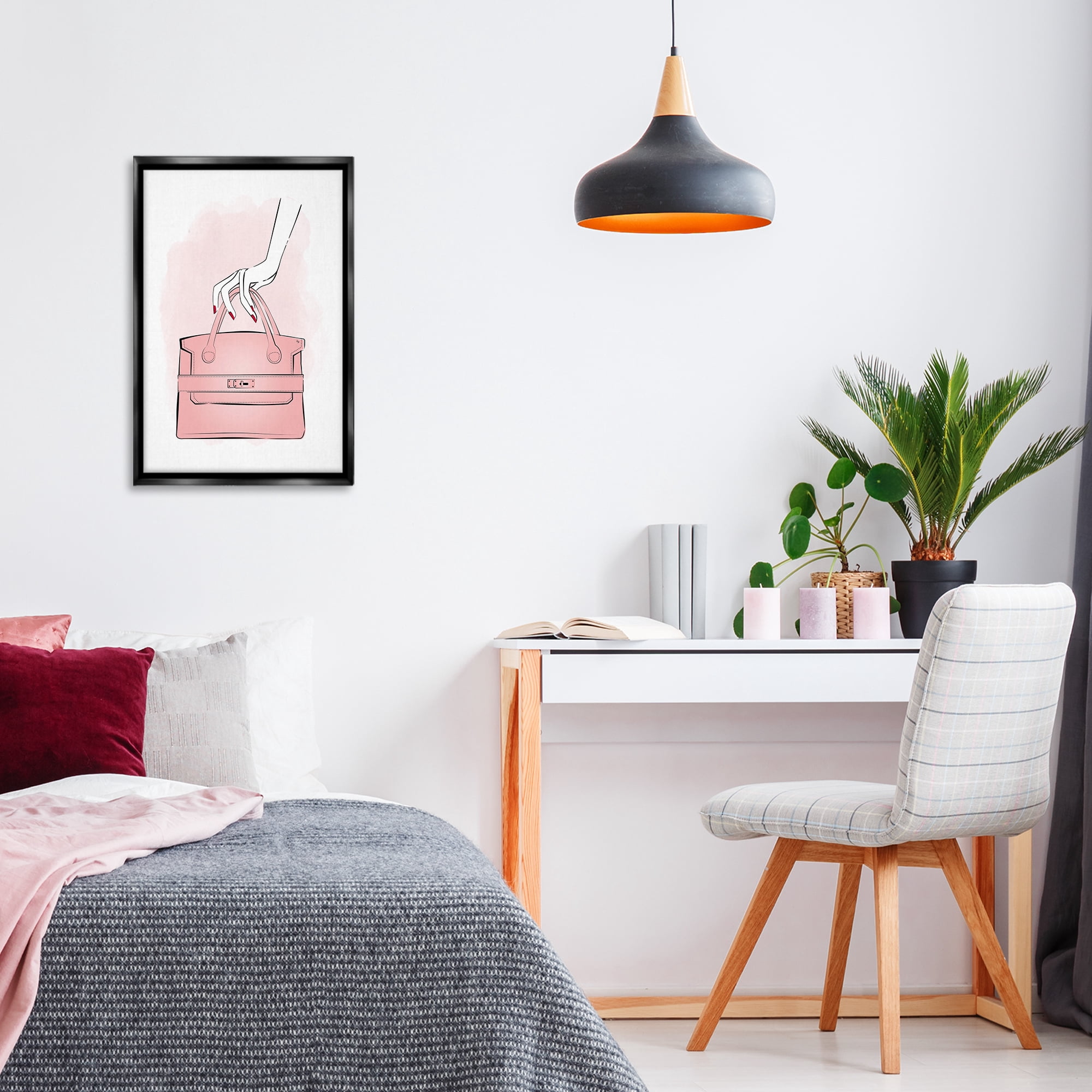 Stupell Industries Holding Pink Purse Beauty & Fashion Painting Black Floater Framed Art Print Wall Art, 17 x 25