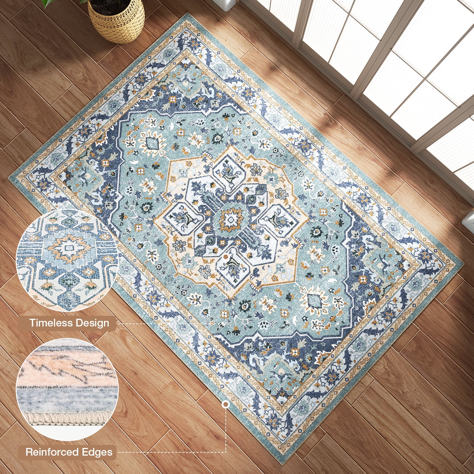 Washable Area Rug for Living Room, NovDeco 4'x6' Non-Slip Vintage Boho Light Blue Indoor Rug, Low Pile Stain Resistant Carpet for Bedroom, Nursery