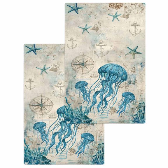 Teal Jellyfish Coastal Kitchen Dish Towels for Drying Dishes Set of 2, Vintage Summer Beach Nautical Waffle Weave Microfiber Hand Tea Bathroom Towels Quick Dry & Absorbent Towel 15.7x23.6