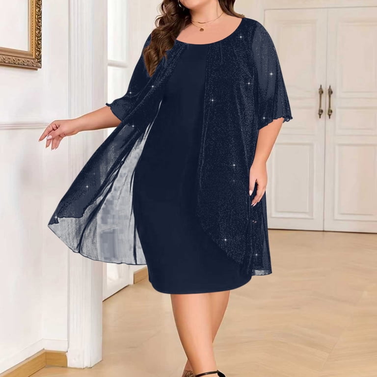 navy chiffon dress short Plus Size Women's Sparkle Chiffon Overlay Mini Dress 2 in 1 Round Neck Short  Sleeve Loose Shift Dress Wedding Guest Cocktail Party Dress Navy