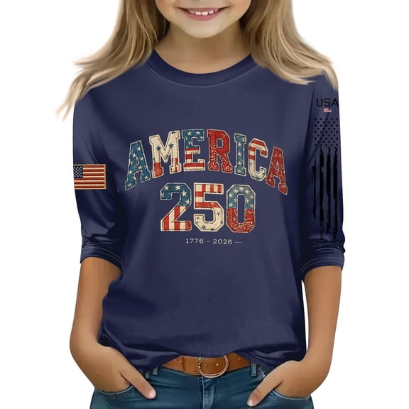 CCRFTGI 4th of July Tops for Kids Girls Size 10-12 3/4 Sleeve Happy 250 anniversary usa flag Summer Cute Casual Tshirts Independence Day Girls Fashion Tee Top Navy 9-10 Years