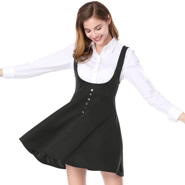 AllegK Dde San Patricio Vestido Decoración De Botones Por EnciDe rodilDobladillo Acampanado FalDe Tirantes PaMujer Negro XL