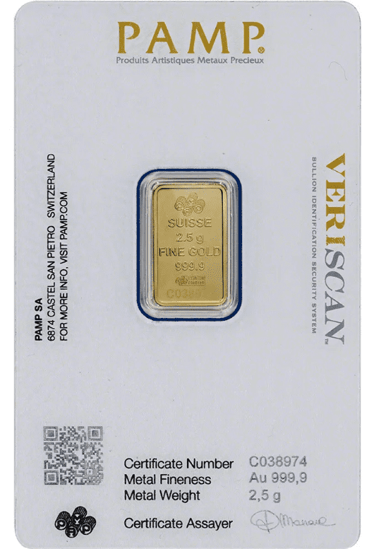 Pamp Suisse Lady Fortuna 2.5 Gram Gold Bar - Large Assay Card
