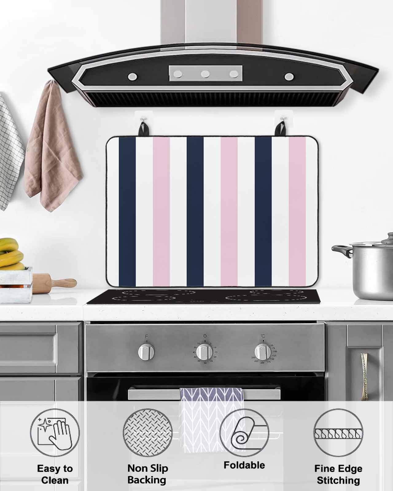 nqOlkjepod Large Induction Cooktop Protector Mat 36"x21", Pink Navy Blue Striped Stove Top Covers for Electric Stove, Farmhouse Stripe Art Decorative Stove Burner Cover Mats, Glass Top Stove Cover