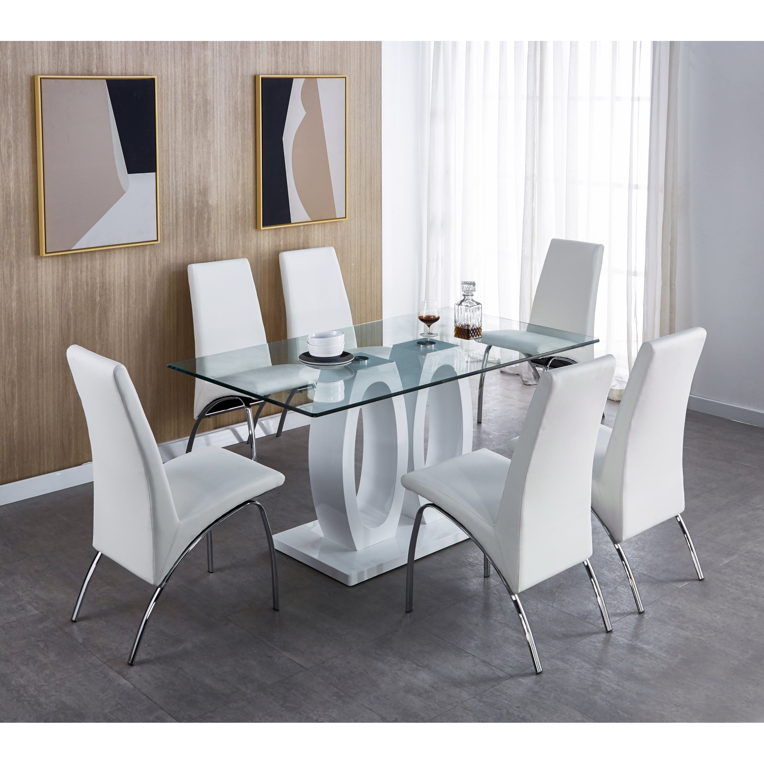 Modern Design Wood Dining Table in White Finish, Clear Glass Top, for 6 ...
