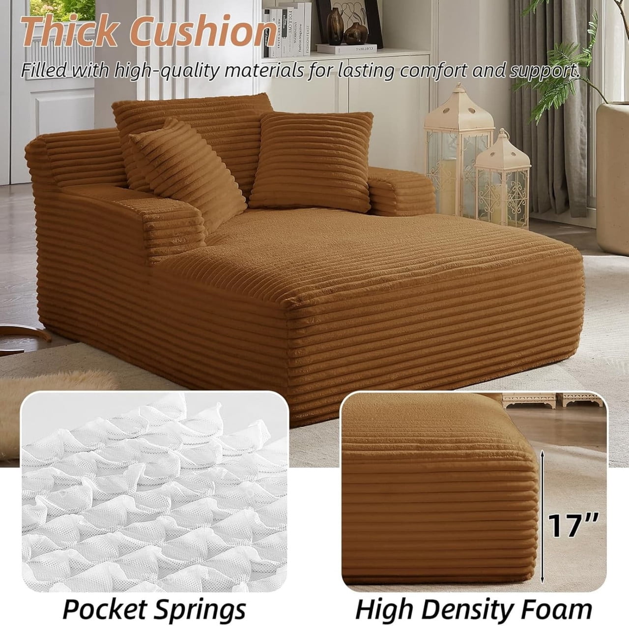 Oversized Chaise Lounge Chair Indoor, Upholstered Sofa Bed Sleeper Sofa Corduroy Cloud Couch Boneless Sofa Reading Chair with 3 Pillows for Living Room, 49.2''x66.1''