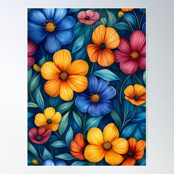 Brightly Colored Floral Artwork Featuring Vibrant Petals And Lush Green Foliage Poster Wall Art, Modern Wall Decor For Living Room Bedroom, 8x12 UNFRAMED