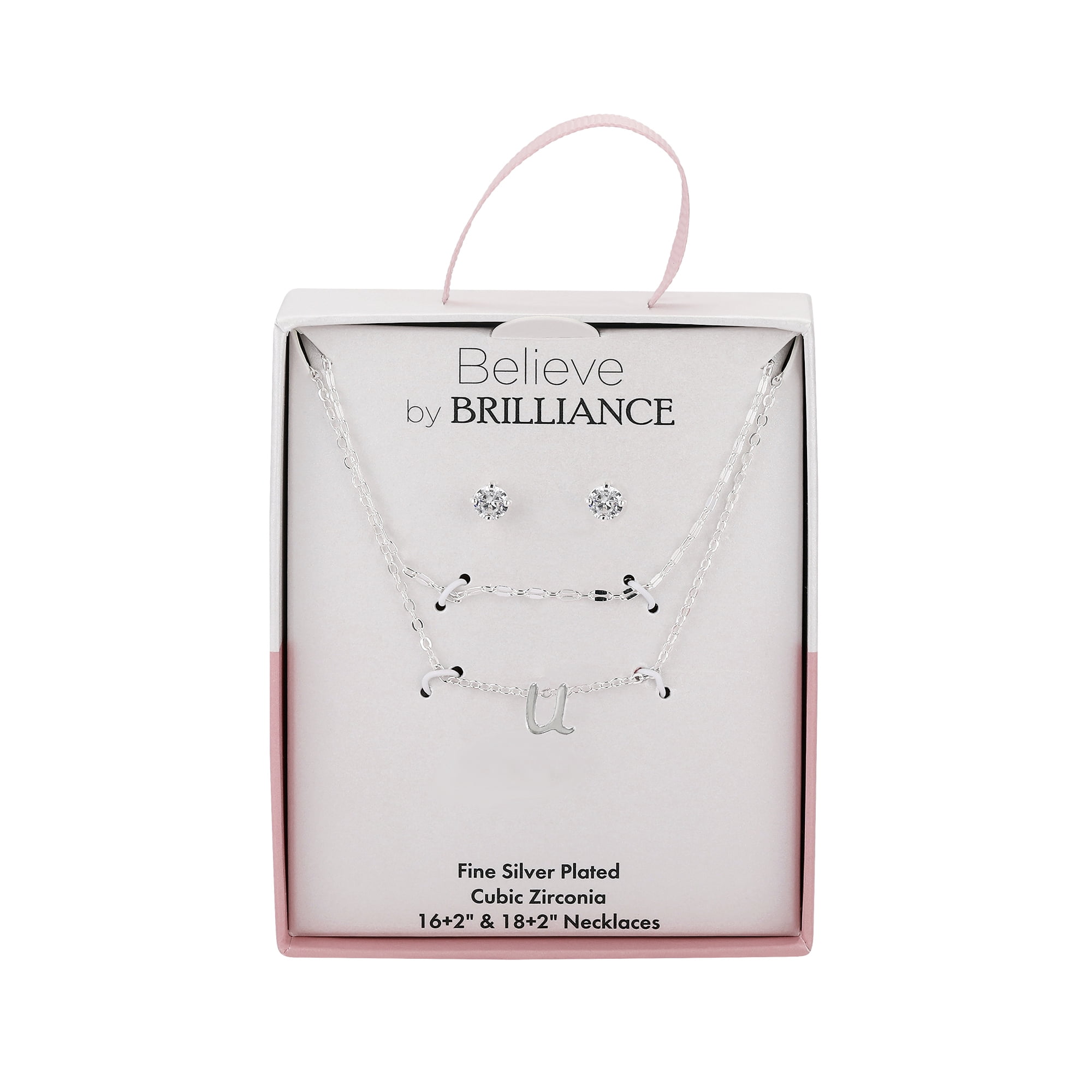 Believe by Brilliance Women's Initial U Slider Layered Necklace and Stud Set, 16+2"/18+2"