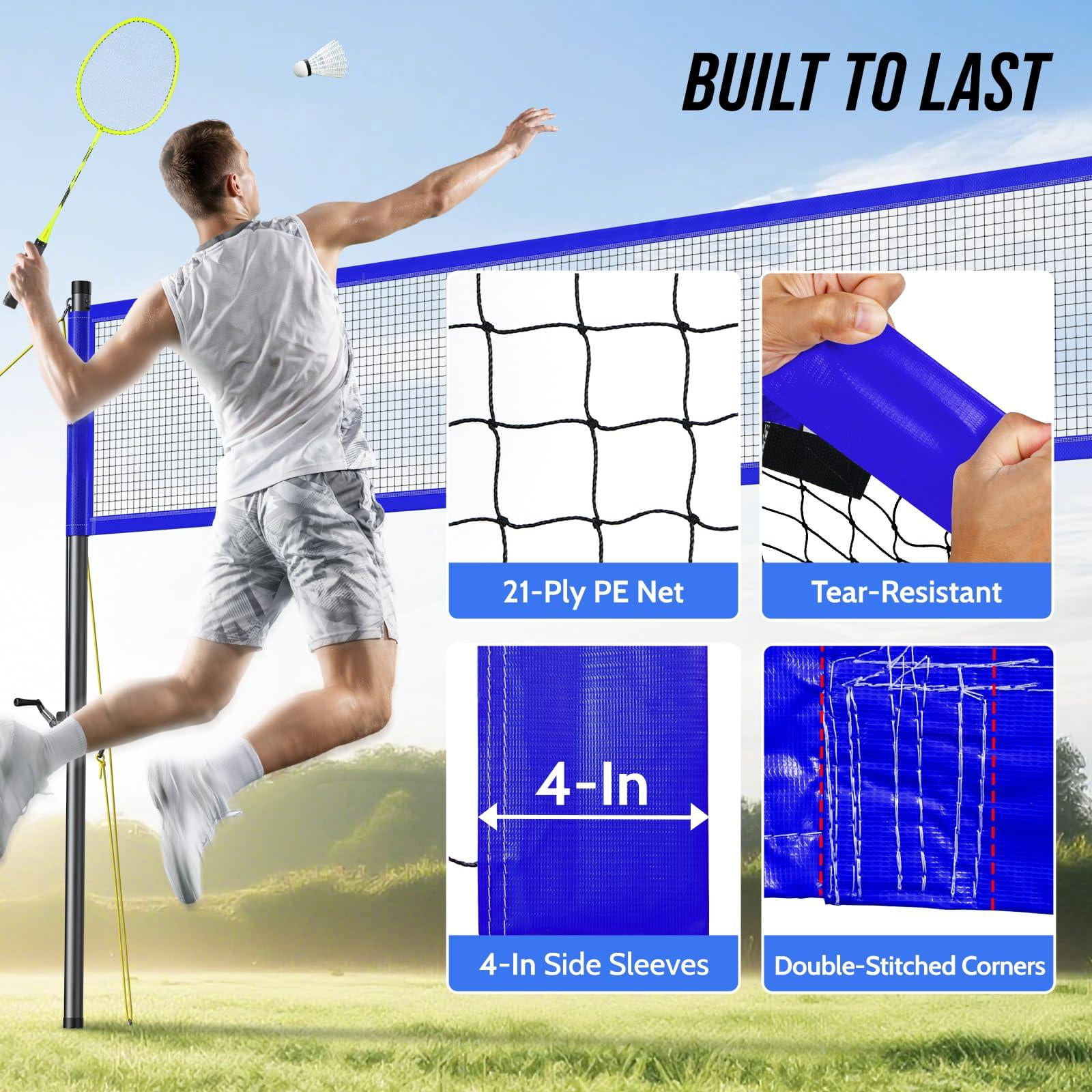 Volleyball Badminton Net Set Combo For Backyard Beach  2-in-1 Adjustable With 4 Heights (5.1-8ft) & 3 Widths (20-32ft) 4 Aluminum Rackets Goose Shuttlecocks Carrying Bag