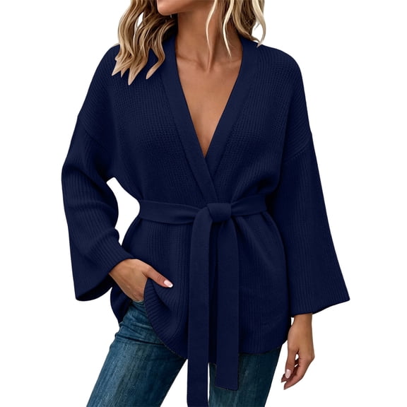 Gytharion Women's Belted Longline Knit Cardigans Tie Waist Long Sleeve Cardigan Sweaters with Pockets Wrap Cardigans